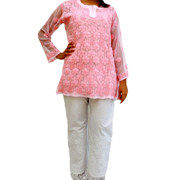 Ada Women Hand Embroidered Peach Georgette Lucknow Chikankari Short Kurti -  A911153 - Ada - 3693905
